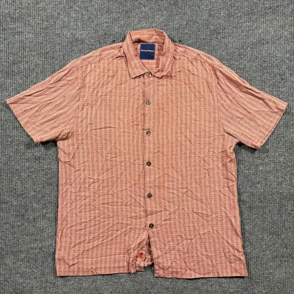 Tommy Bahama Mens Silk Button Shirt L Red Geometric Short Sleeve Camp Casual